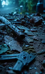 a rifle, knife and other objects are lying on the ground
