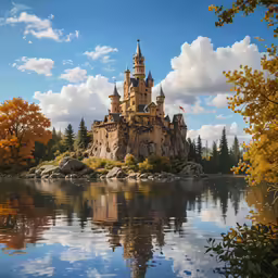 an artwork of a castle in the middle of a lake