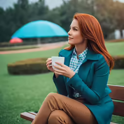 a young woman sitting on a park bench with an umbrella in the background