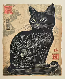a black cat sits on top of a page,a painting on paper with an oriental cat