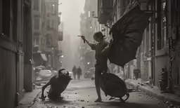 a man holds an umbrella up to the side of an animal
