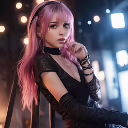 a female with a pink dyed hair posing in front of bright lights