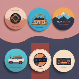 the four round badges have different things on them,some different coasters sitting on top of a table