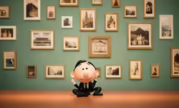 a little doll sitting on a table next to several framed pictures