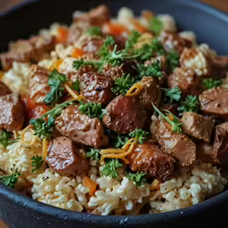 a bowl filled with rice and meat covered in parsley