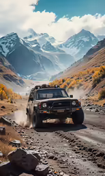 there is a black van driving down the mountain