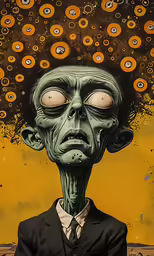a painting with an alien man wearing a suit and tie