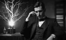 a man wearing a tuxedo looking at a glass bottle and candle