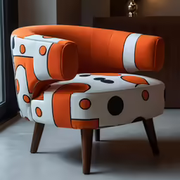an orange and white polka dot chair with a wooden frame