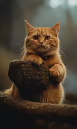 an orange cat is holding onto the top branch