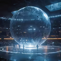 a large transparent orb in a black arena with some people