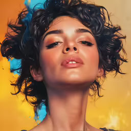 a young woman wearing black makeup and hair blowing in the wind