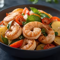 shrimp, tomato and potato salad on a plate