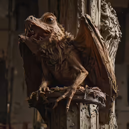 a sculpture of a dragon is sitting on top of a wooden structure