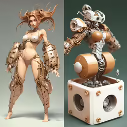 there is a model made to look like an robot and a female in a white bikini