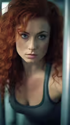 the woman is posing with long red hair,an attractive woman with red hair sitting inside a elevator
