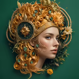 a woman with long hair is dressed in gold and green