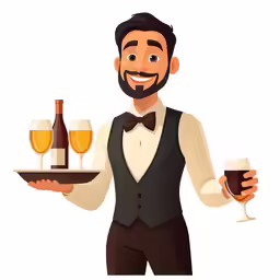 the waiter is holding wine glasses and tray