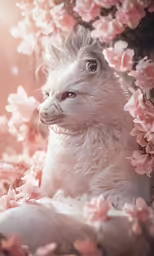 a white cat is sitting on some flowers