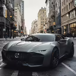 grey maserator on city street, with buildings in the background