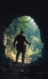 a man walking through a large cave, with poles in hand