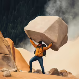 a man in a yellow jacket holds a large rock up to his face