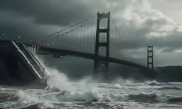 a ship in the ocean with a bridge in the background
