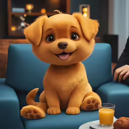 a dog doll and a cup sitting on a couch