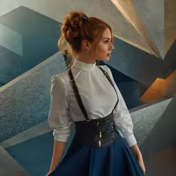 a young redhead girl with a dress and a purse looks out over abstract geometric tiles