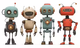 six colorful robot statues in line on a white surface
