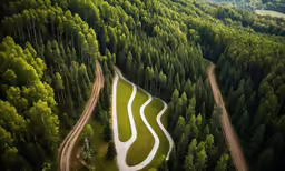 several roads are winding through a tree line