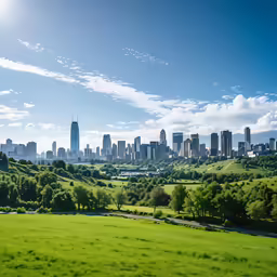 the cityscape of a big city, as seen from a grassy field