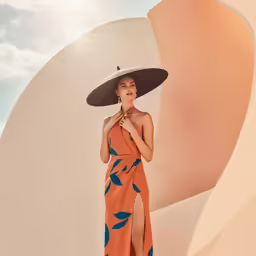 woman wearing an orange dress with flower print on the side and large floppy hat, in front of a desert wall