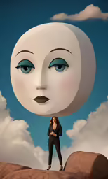 woman with large white head floating above her head