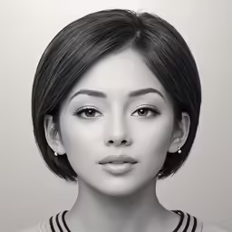 a girl with short hair is wearing a black and white outfit