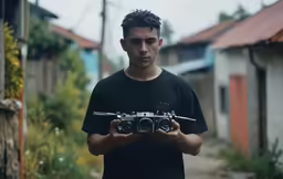 the man is holding a camera with his hands