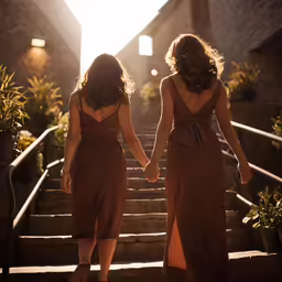 two beautiful women walking down a stairway wearing brown dresses