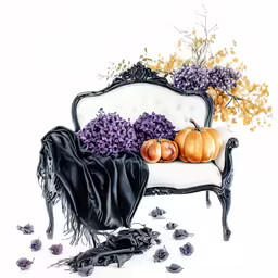 pumpkins and fall leaves are in a chair