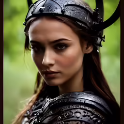 young woman in black armor with horns on her head