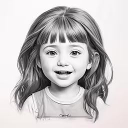 a drawing of a little girl with long bangs and a large smile