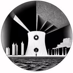 a drawing of a futuristic city and tower