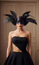 the black dress with the large face mask has feathers around it