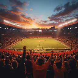 people are enjoying the sun set at a soccer stadium