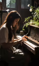 a woman is playing a music keyboard with long hair