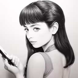 a black and white drawing of a girl holding an electronic device
