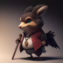 a cartoon rabbit in red jacket with a sword and wings