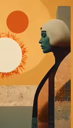 an image of a man that has a sun behind him,a stylized painting depicts an egyptian woman with sun in background
