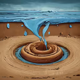 an image of water that is in the ground,a painting with blue water in it and a lot of sand
