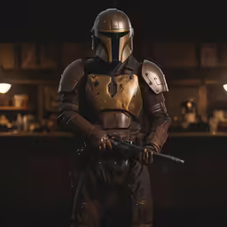 the star wars character bob boba fett standing in a kitchen