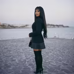 the woman is wearing boots on the beach